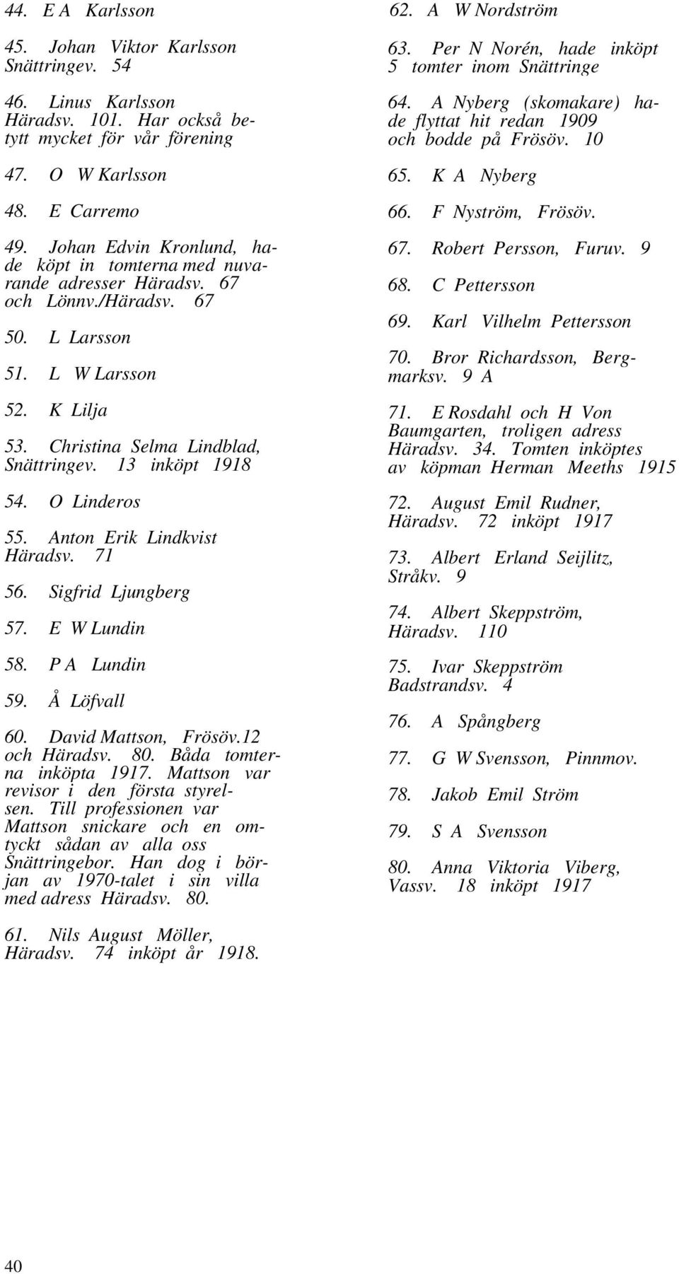 13 inköpt 1918 54. O Linderos 55. Anton Erik Lindkvist Häradsv. 71 56. Sigfrid Ljungberg 57. E W Lundin 58. P A Lundin 59. Å Löfvall 60. David Mattson, Frösöv.12 och Häradsv. 80.