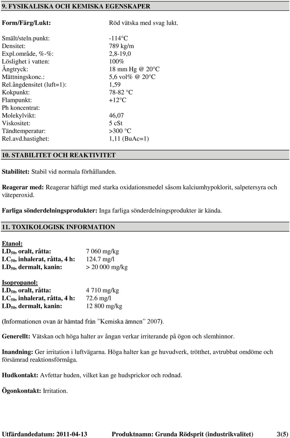 ångdensitet (luft=1): 1,59 Kokpunkt: 78-82 C Flampunkt: +12 C Ph koncentrat: Molekylvikt: 46,07 Viskositet: 5 cst Tändtemperatur: >300 C Rel.avd.hastighet: 1,11 (BuAc=1) 10.