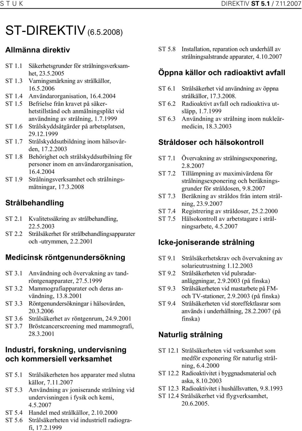 1999 ST 1.7 Strålskyddsutbildning inom hälsovården, 17.2.2003 ST 1.8 Behörighet och strålskyddsutbilning för personer inom en användarorganisation, 16.4.2004 ST 1.