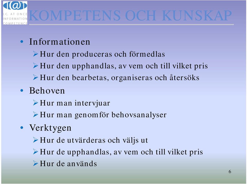 återsöks Behoven Hur man intervjuar Hur man genomför behovsanalyser Verktygen
