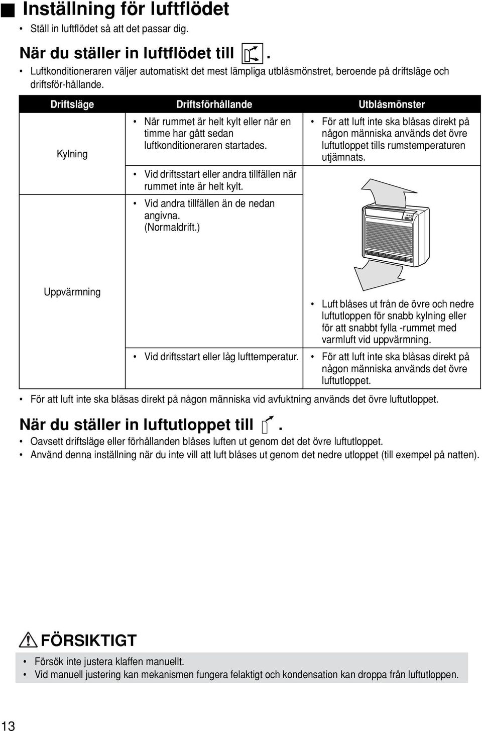 Driftsläge Driftsförhållande Utblåsmönster Kylning När rummet är helt kylt eller när en timme har gått sedan luftkonditioneraren startades.