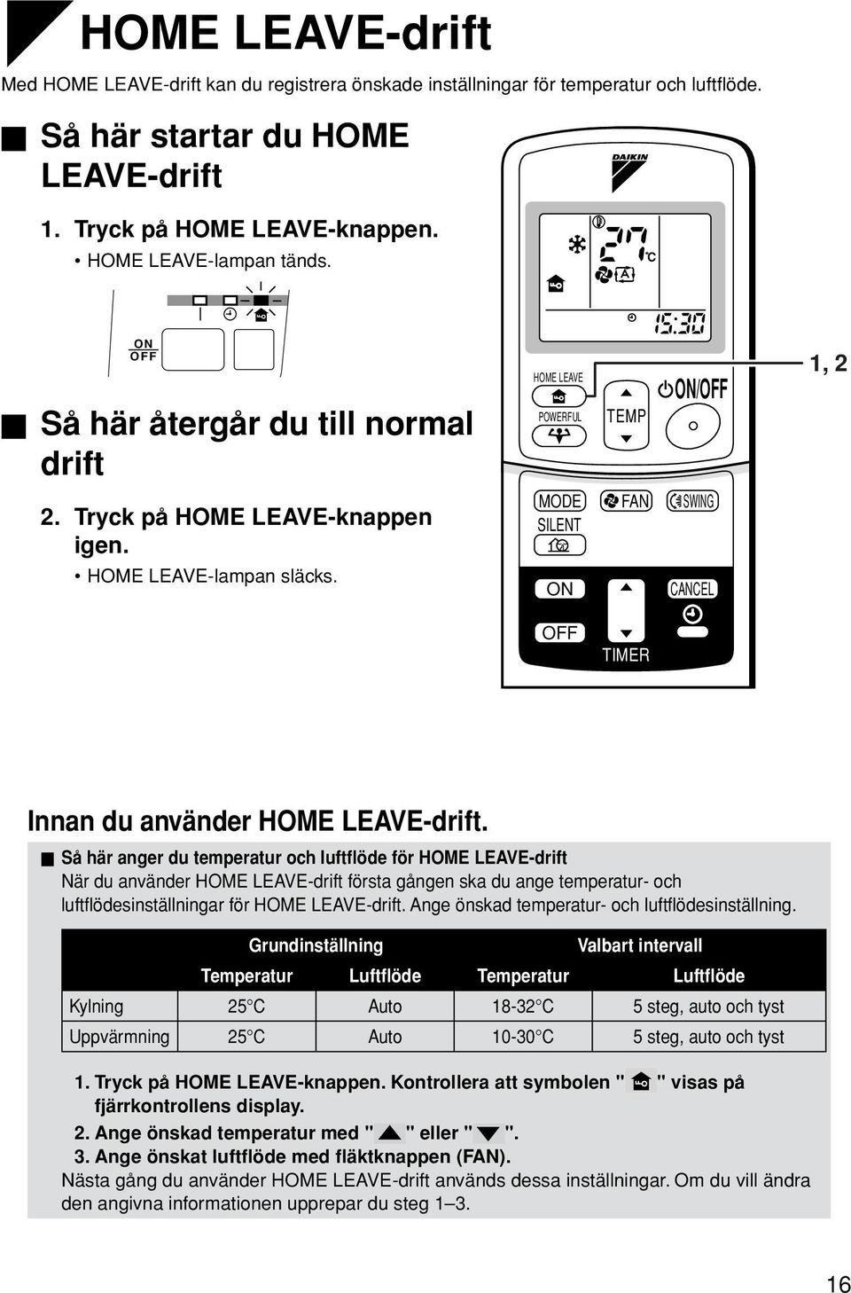 CANCEL OFF TIMER Innan du använder HOME LEAVE-drift.