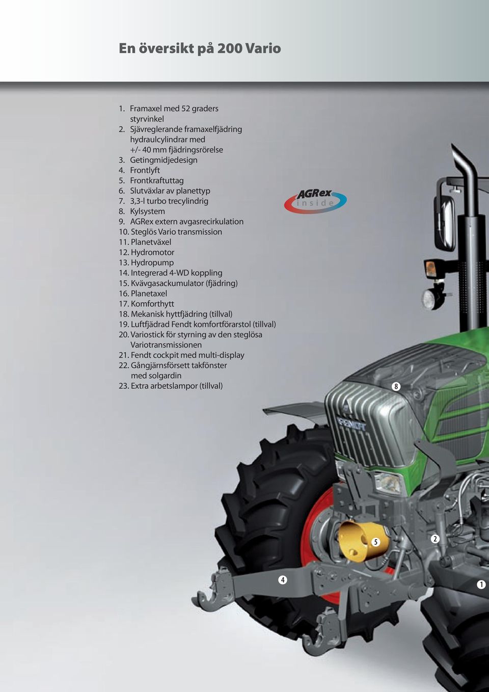 Hydropump 14. Integrerad 4-WD koppling 15. Kvävgasackumulator (fjädring) 16. Planetaxel 17. Komforthytt 18. Mekanisk hyttfjädring (tillval) 19.