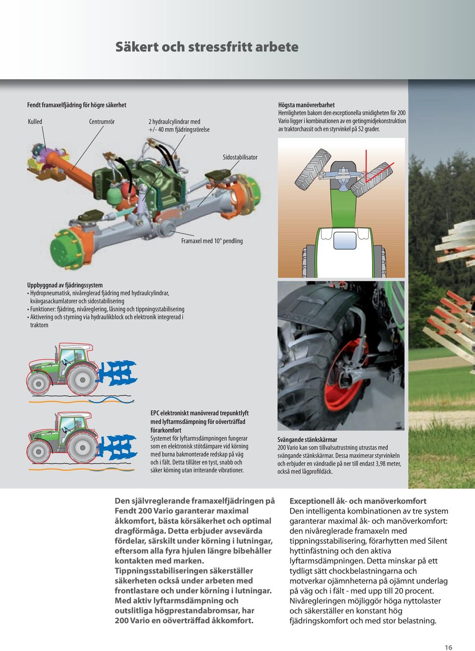 Sidostabilisator Framaxel med 10 pendling Uppbyggnad av fjädringssystem Hydropneumatisk, nivåreglerad fjädring med hydraulcylindrar, kvävgasackumlatorer och sidostabilisering Funktioner: fjädring,