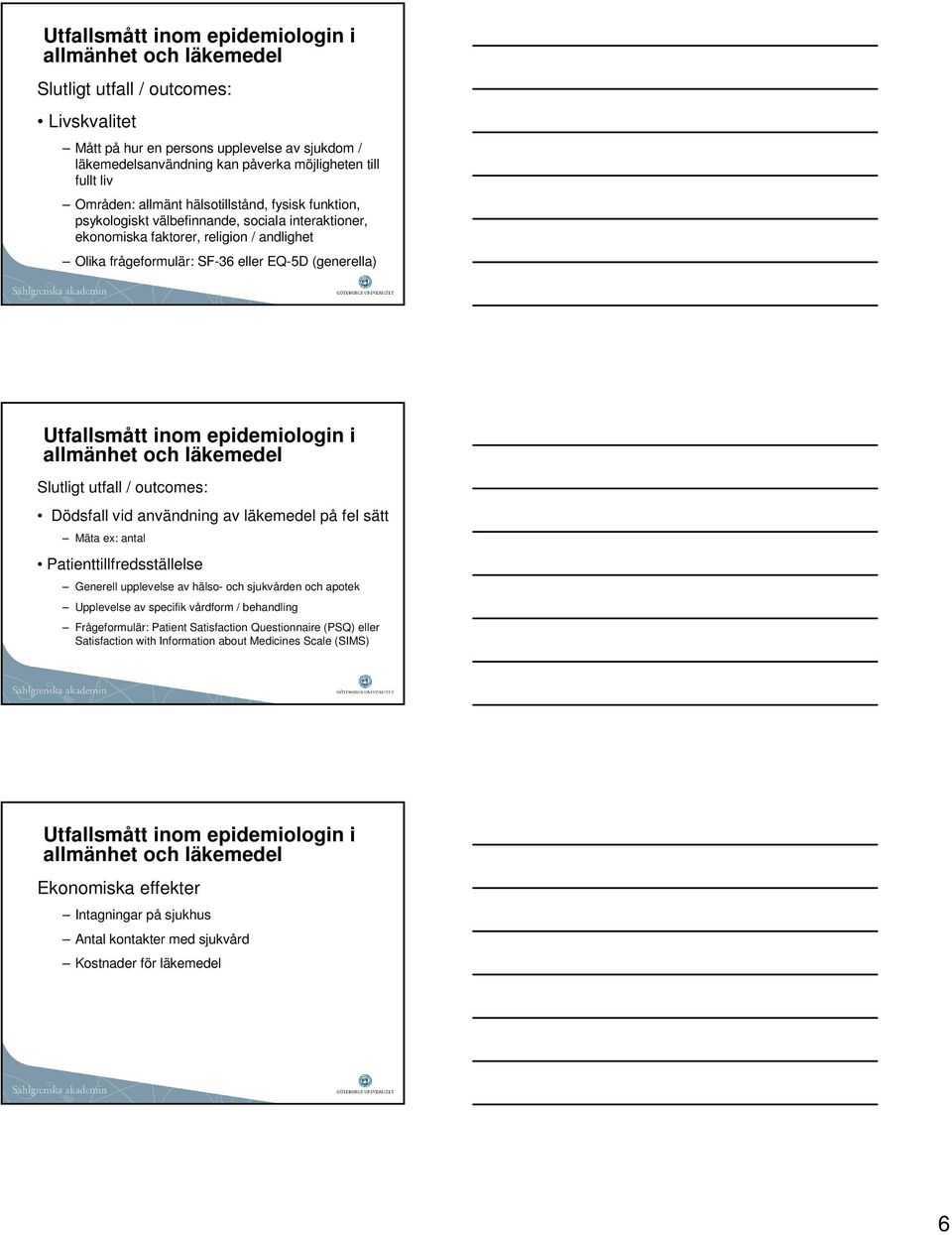(generella) Utfallsmått inom epidemiologin i allmänhet och läkemedel Slutligt utfall / outcomes: Dödsfall vid användning av läkemedel på fel sätt Mäta ex: antal Patienttillfredsställelse Generell