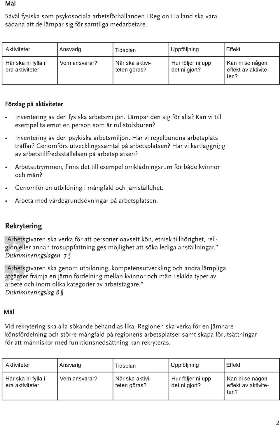 Har vi kartläggning - av arbetstillfredsställelsen på arbetsplatsen? Arbetsutrymmen, finns det till exempel omklädningsrum för både kvinnor och män? Genomför en utbildning i mångfald och jämställdhet.