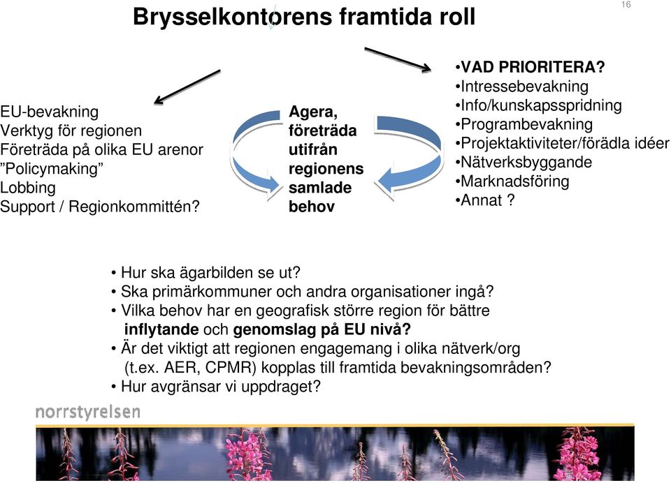 Intressebevakning Info/kunskapsspridning Programbevakning Projektaktiviteter/förädla idéer Nätverksbyggande Marknadsföring Annat? Hur ska ägarbilden se ut?