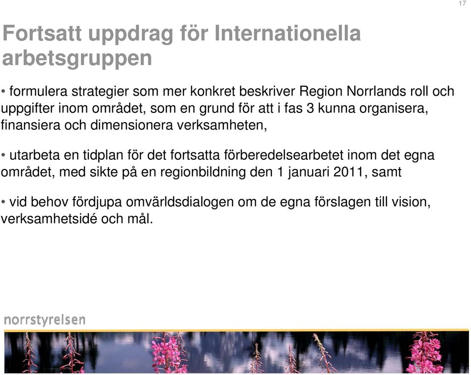 verksamheten, utarbeta en tidplan för det fortsatta förberedelsearbetet inom det egna området, med sikte på en