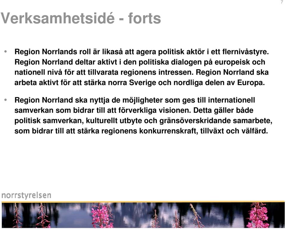 Region Norrland ska arbeta aktivt för att stärka norra Sverige och nordliga delen av Europa.