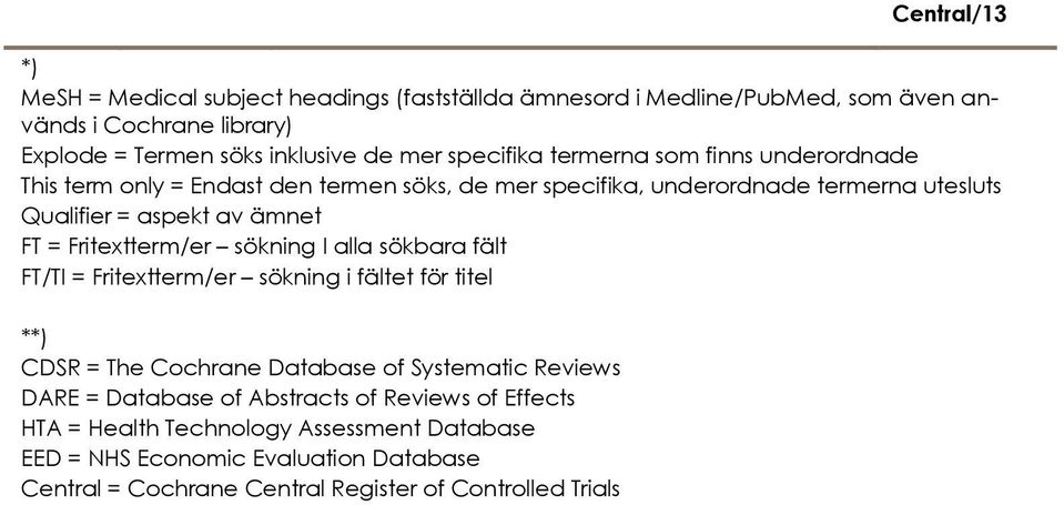 Fritextterm/er sökning I alla sökbara fält FT/TI = Fritextterm/er sökning i fältet för titel **) CDSR = The Cochrane Database of Systematic Reviews DARE = Database of