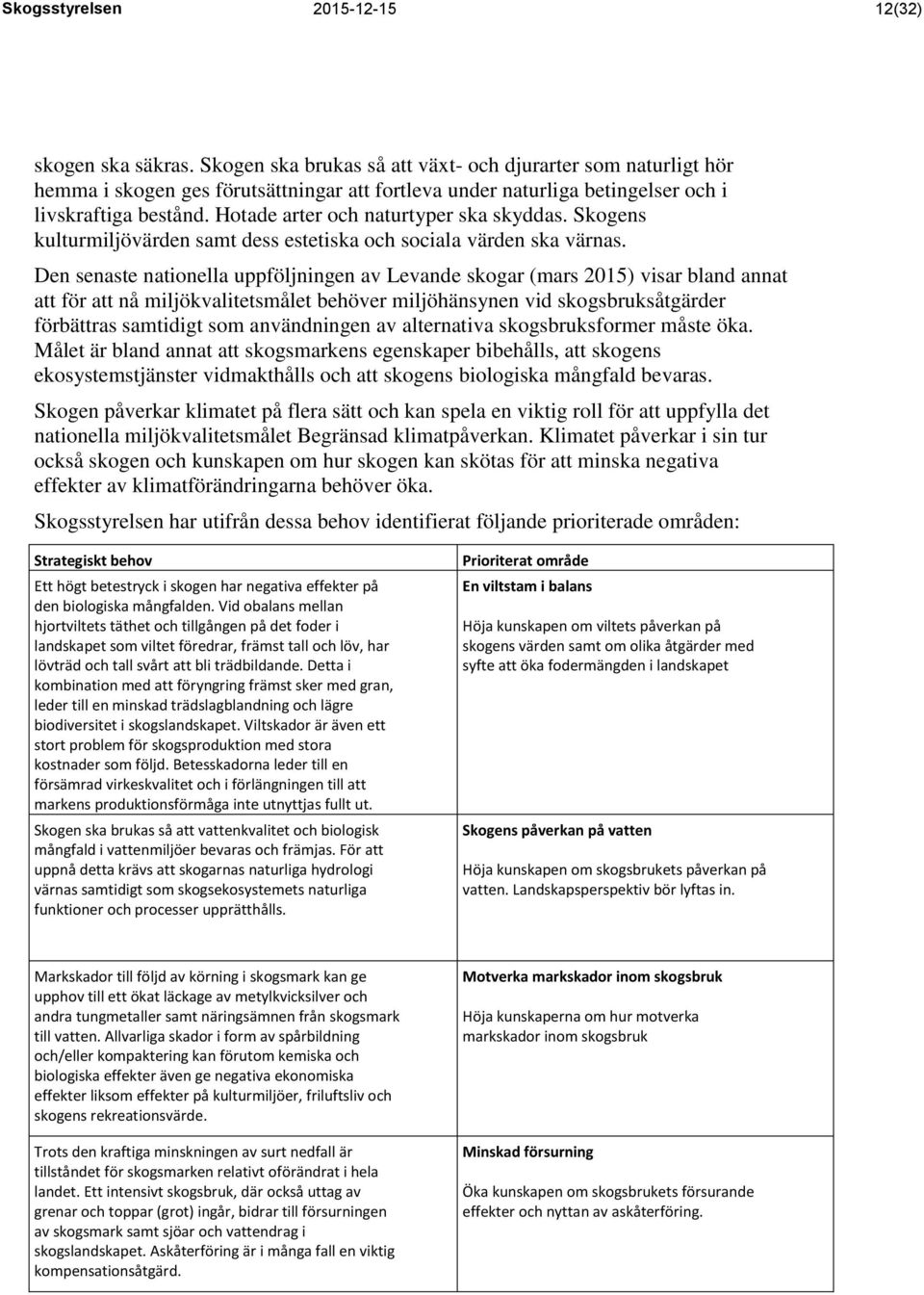 Hotade arter och naturtyper ska skyddas. Skogens kulturmiljövärden samt dess estetiska och sociala värden ska värnas.