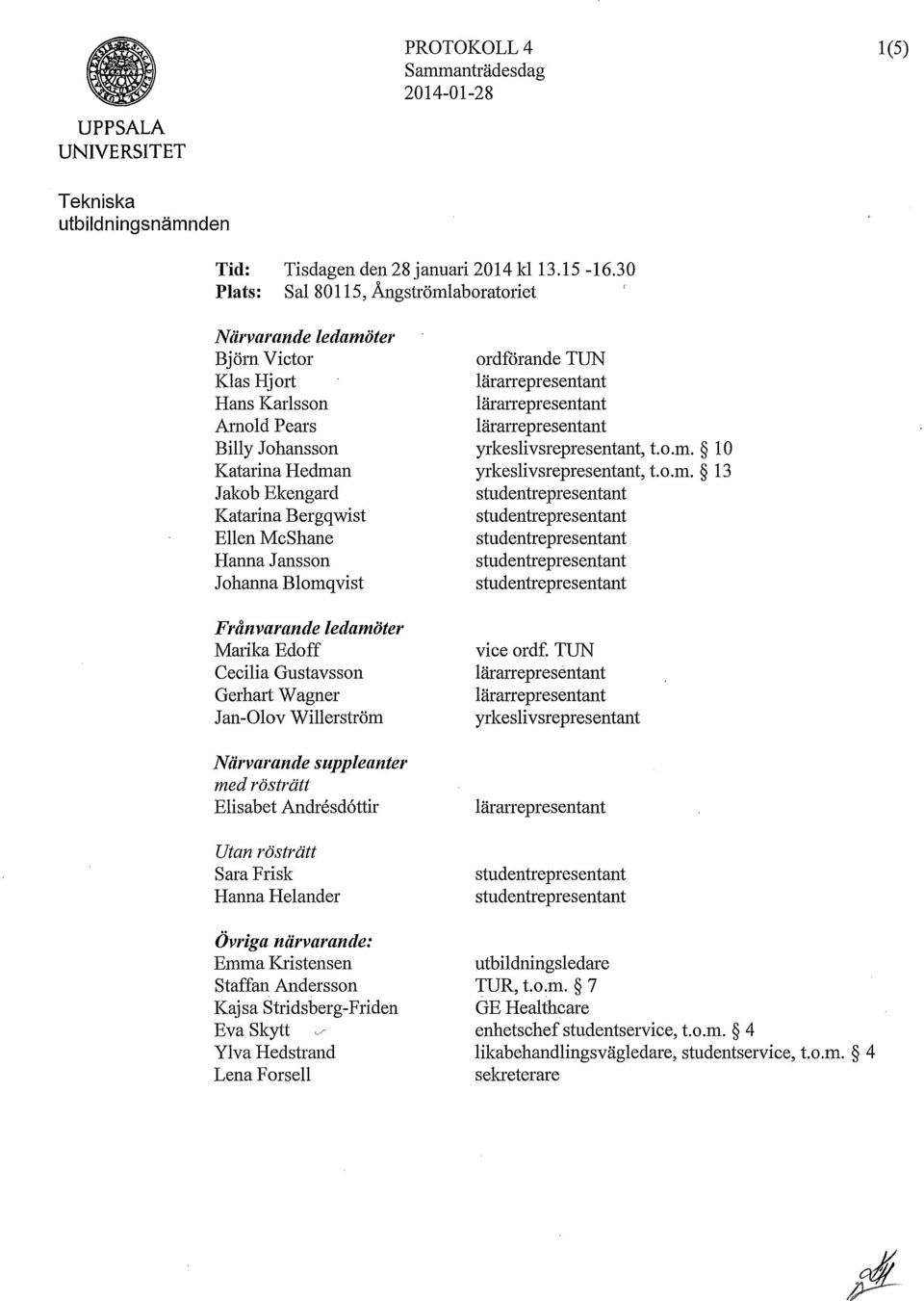 Johanna Blomqvist Frånvarande ledamöter Matika Edoff Cecilia Gustavsson Gerhart Wagner Jan-Olov Willerström Närvarande suppleanter med rösträtt Elisabet Andresd6ttir Utan rösträtt Sara Frisk Hanna