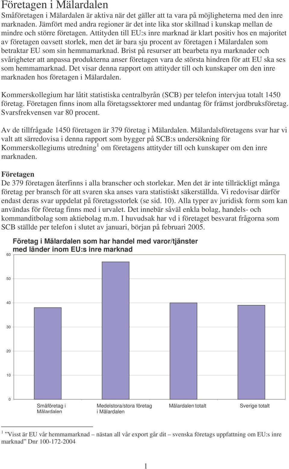 Attityden till EU:s inre marknad är klart positiv hos en majoritet av företagen oavsett storlek, men det är bara sju procent av företagen i Mälardalen som betraktar EU som sin hemmamarknad.