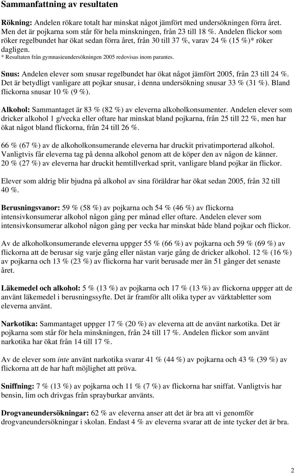 Snus: Andelen elever som snusar regelbundet har ökat något jämfört 2005, från 23 till 24 %. Det är betydligt vanligare att pojkar snusar, i denna undersökning snusar 33 % (31 %).