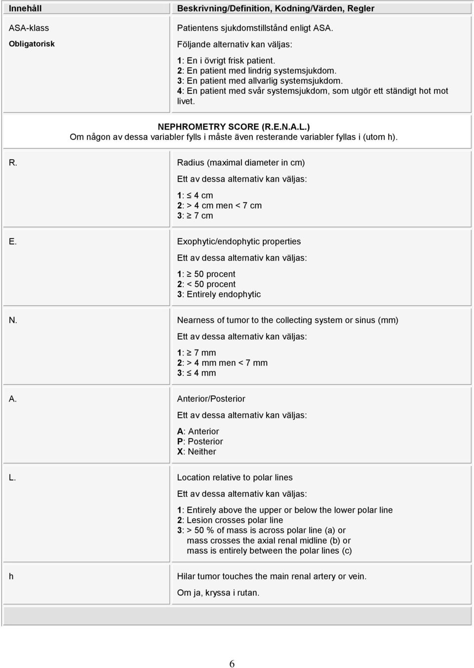 Radius (maximal diameter in cm) Ett av dessa alternativ kan väljas: 1: 4 cm 2: > 4 cm men < 7 cm 3: 7 cm E.