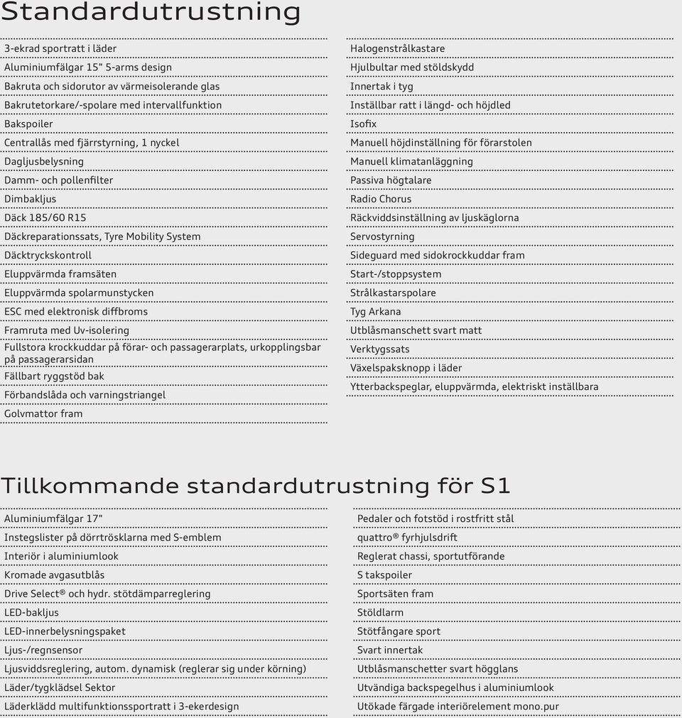 spolarmunstycken ESC med elektronisk diffbroms Framruta med Uv-isolering Fullstora krockkuddar på förar- och passagerarplats, urkopplingsbar på passagerarsidan Fällbart ryggstöd bak Förbandslåda och