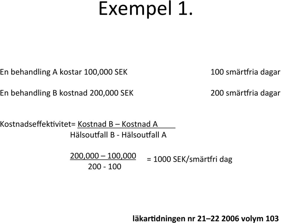 B kostnad 200,000 SEK 200 smäryria dagar KostnadseffekEvitet=