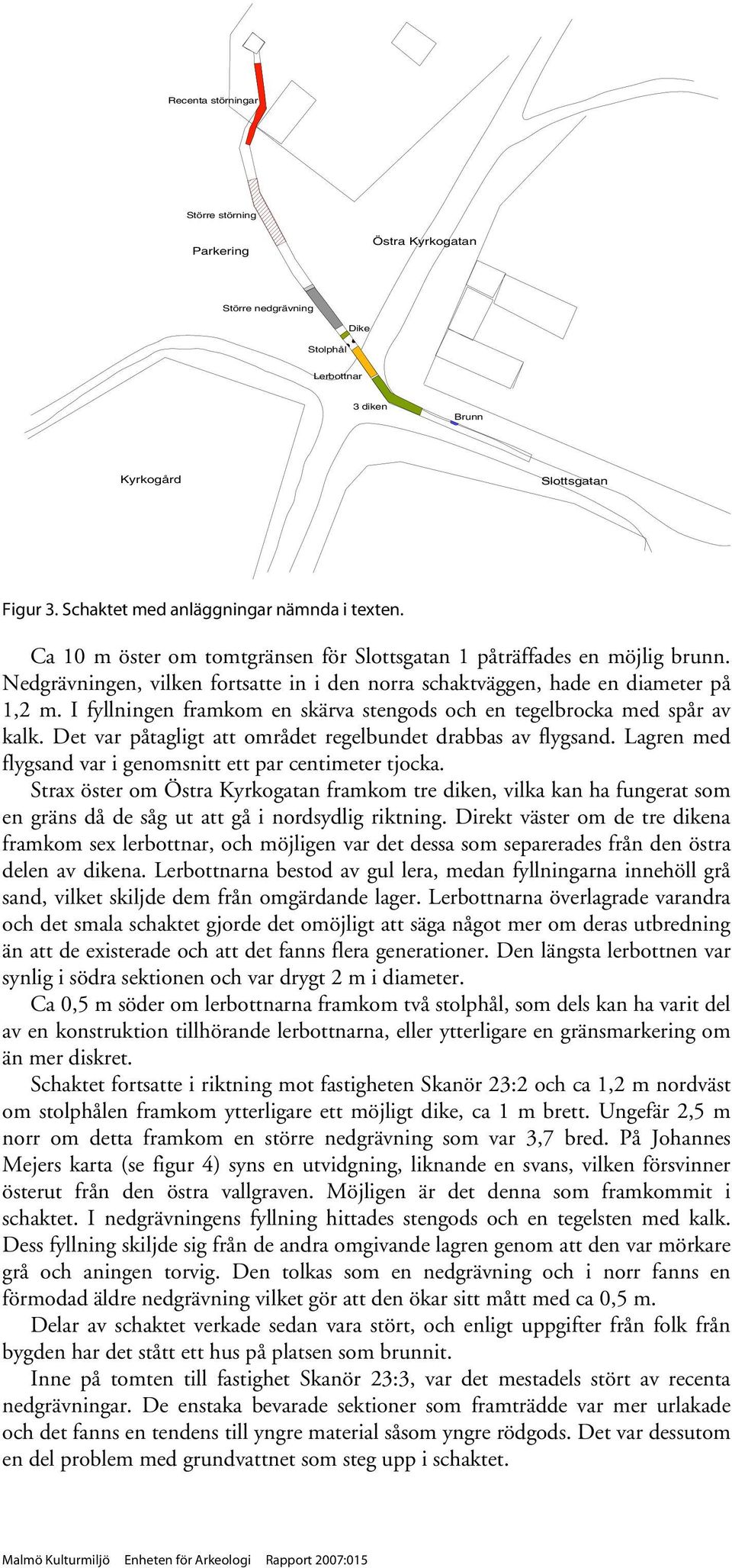 I fyllningen framkom en skärva stengods och en tegelbrocka med spår av kalk. Det var påtagligt att området regelbundet drabbas av flygsand.