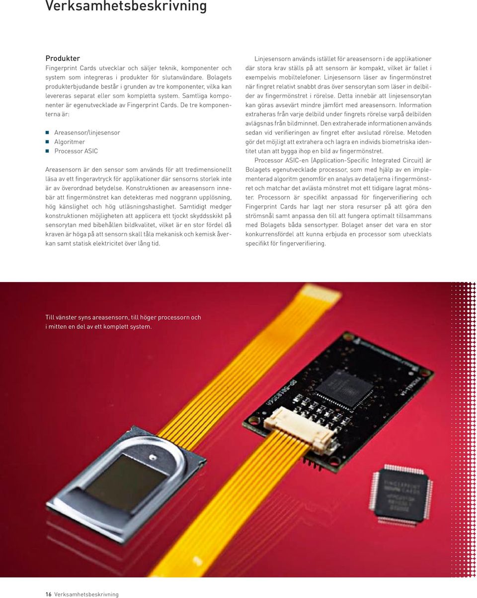 De tre komponenterna är: Areasensor/linjesensor Algoritmer Processor ASIC Areasensorn är den sensor som används för att tredimensionellt läsa av ett fingeravtryck för applikationer där sensorns