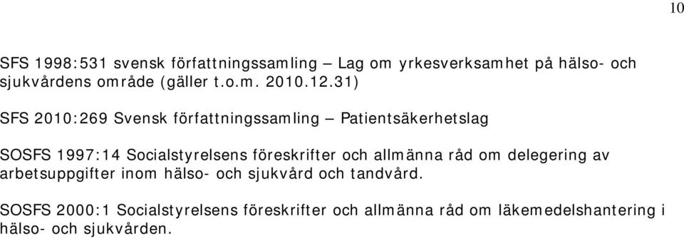 31) SFS 2010:269 Svensk författningssamling Patientsäkerhetslag SOSFS 1997:14 Socialstyrelsens