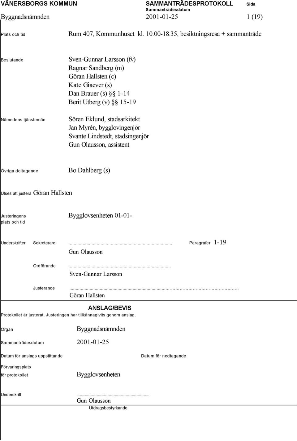 Eklund, stadsarkitekt Jan Myrén, bygglovingenjör Svante Lindstedt, stadsingenjör Gun Olausson, assistent Övriga deltagande Bo Dahlberg (s) Utses att justera Göran Hallsten Justeringens