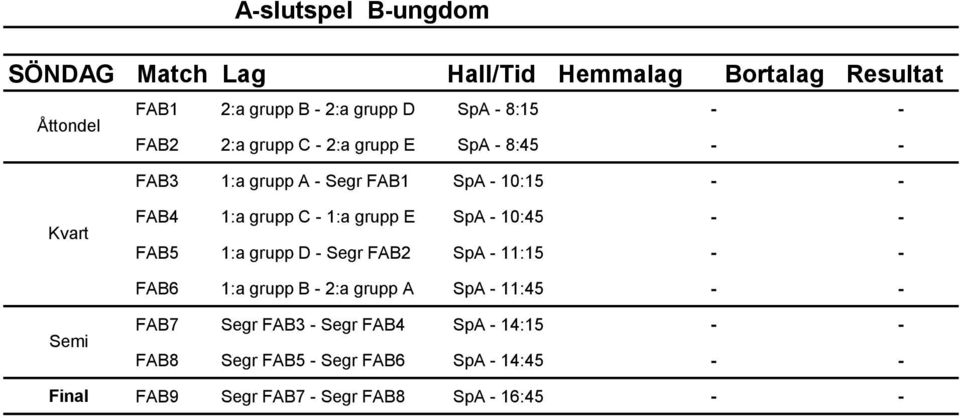 grupp E SpA - 10:45 - - FAB5 1:a grupp D - Segr FAB2 SpA - 11:15 - - FAB6 1:a grupp B - 2:a grupp A SpA - 11:45 - - Semi FAB7