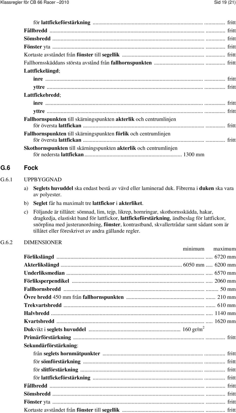 ..... fritt Lattfickebredd; inre...... fritt yttre...... fritt Fallhornspunkten till skärningspunkten akterlik och centrumlinjen för översta lattfickan.