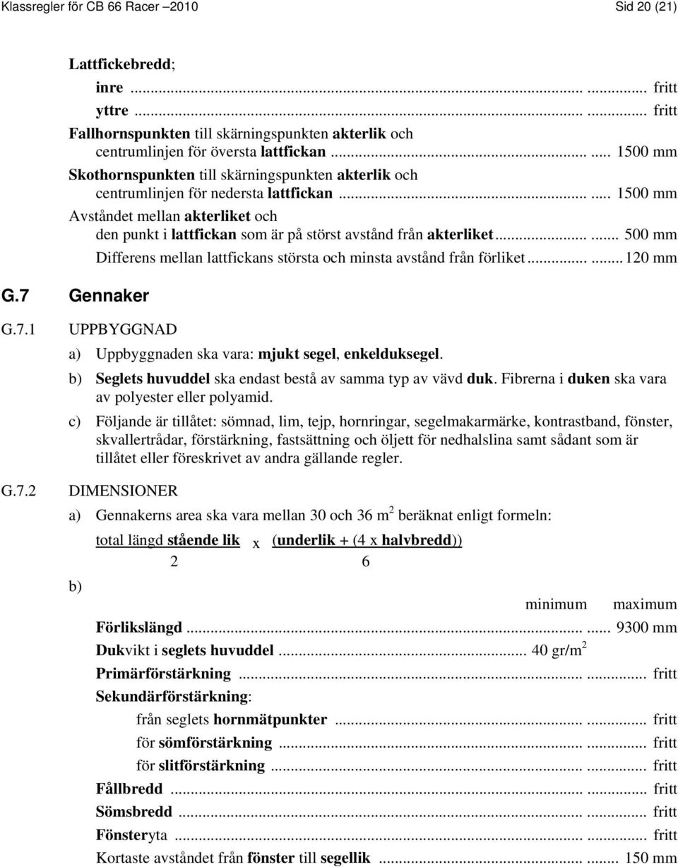 ..... 1500 mm Avståndet mellan akterliket och den punkt i lattfickan som är på störst avstånd från akterliket...... 500 mm Differens mellan lattfickans största och minsta avstånd från förliket.