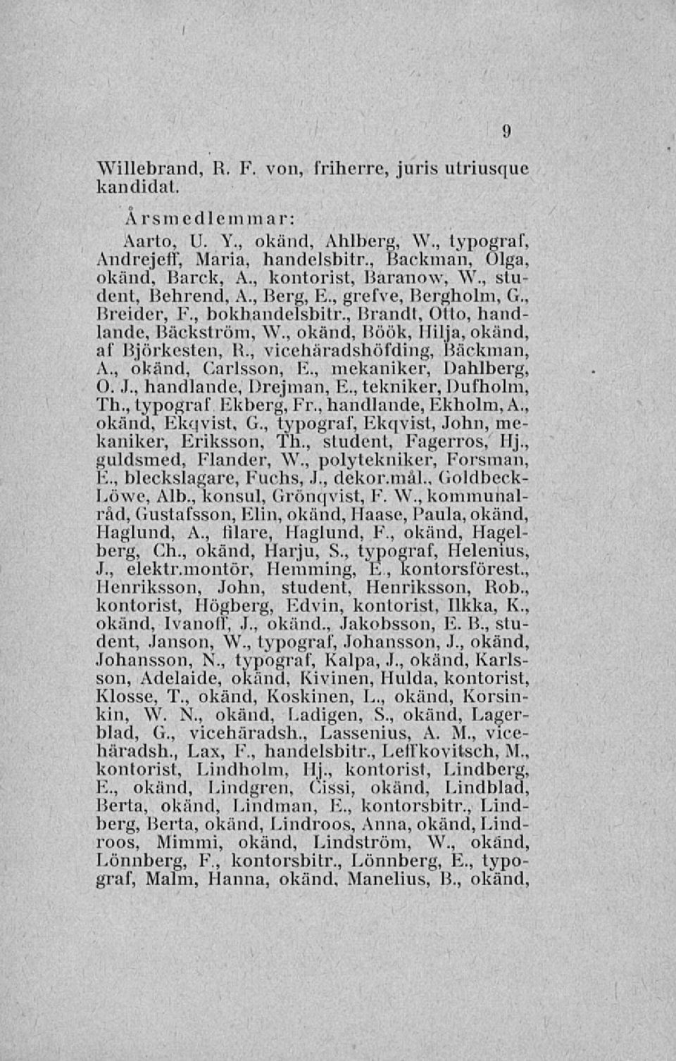 , vicehäradshöfding, Bäckman, A., okänd, Carlsson, E., mekaniker, Dahlberg, O. J., handlande, Drejman, E., tekniker, Dufholm, Th., typograf Ekberg, Fr., handlande, Ekholm, A., okänd, Ekqvist, G.