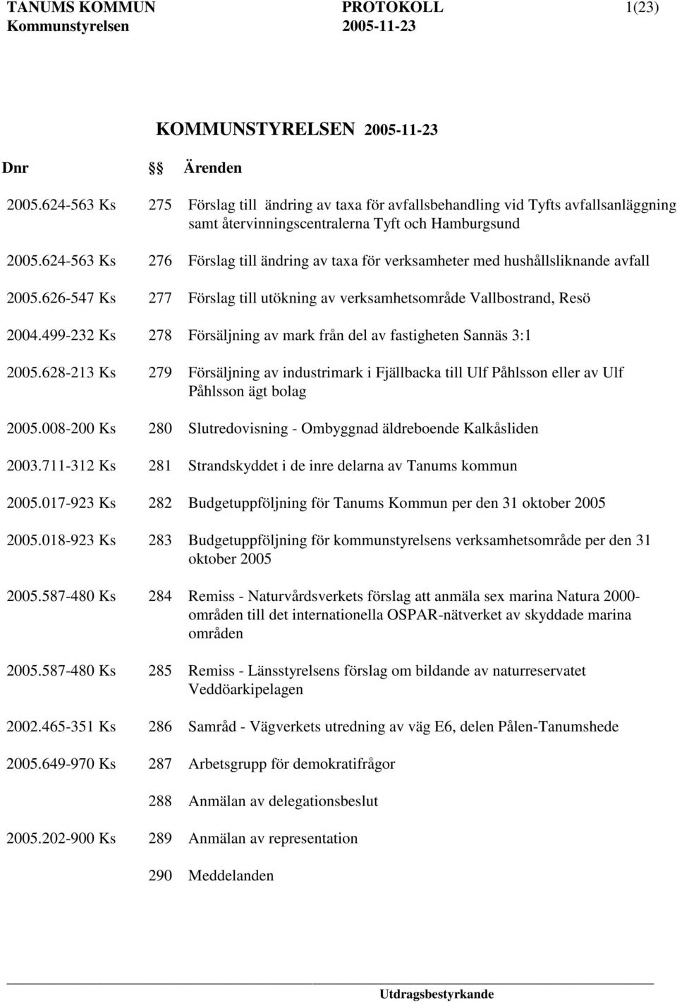 624-563 Ks 276 Förslag till ändring av taxa för verksamheter med hushållsliknande avfall 2005.626-547 Ks 277 Förslag till utökning av verksamhetsområde Vallbostrand, Resö 2004.