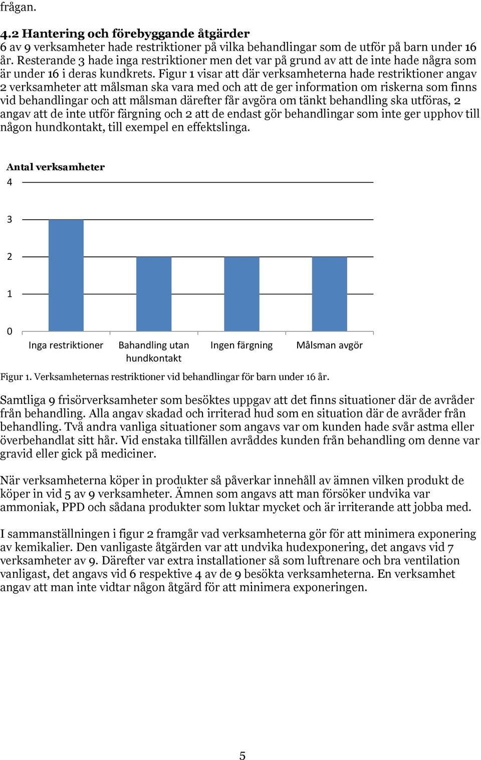 Figur 1 visar att där verksamheterna hade restriktioner angav 2 verksamheter att målsman ska vara med och att de ger information om riskerna som finns vid behandlingar och att målsman därefter får