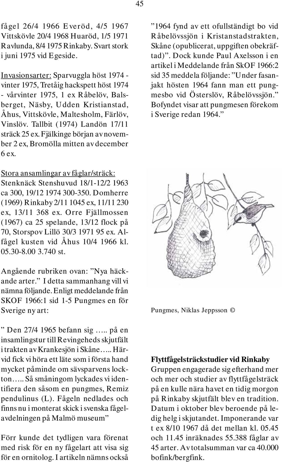 Tallbit (1974) Landön 17/11 sträck 25 ex. Fjälkinge början av november 2 ex, Bromölla mitten av december 6 ex.