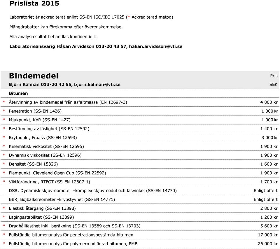 12592) 1 400 kr * Brytpunkt, Fraass (SS-EN 12593) 3 000 kr * Kinematisk viskositet (SS-EN 12595) 1 900 kr * Dynamisk viskositet (SS-EN 12596) 1 900 kr * Densitet (SS-EN 15326) 1 600 kr * Flampunkt,