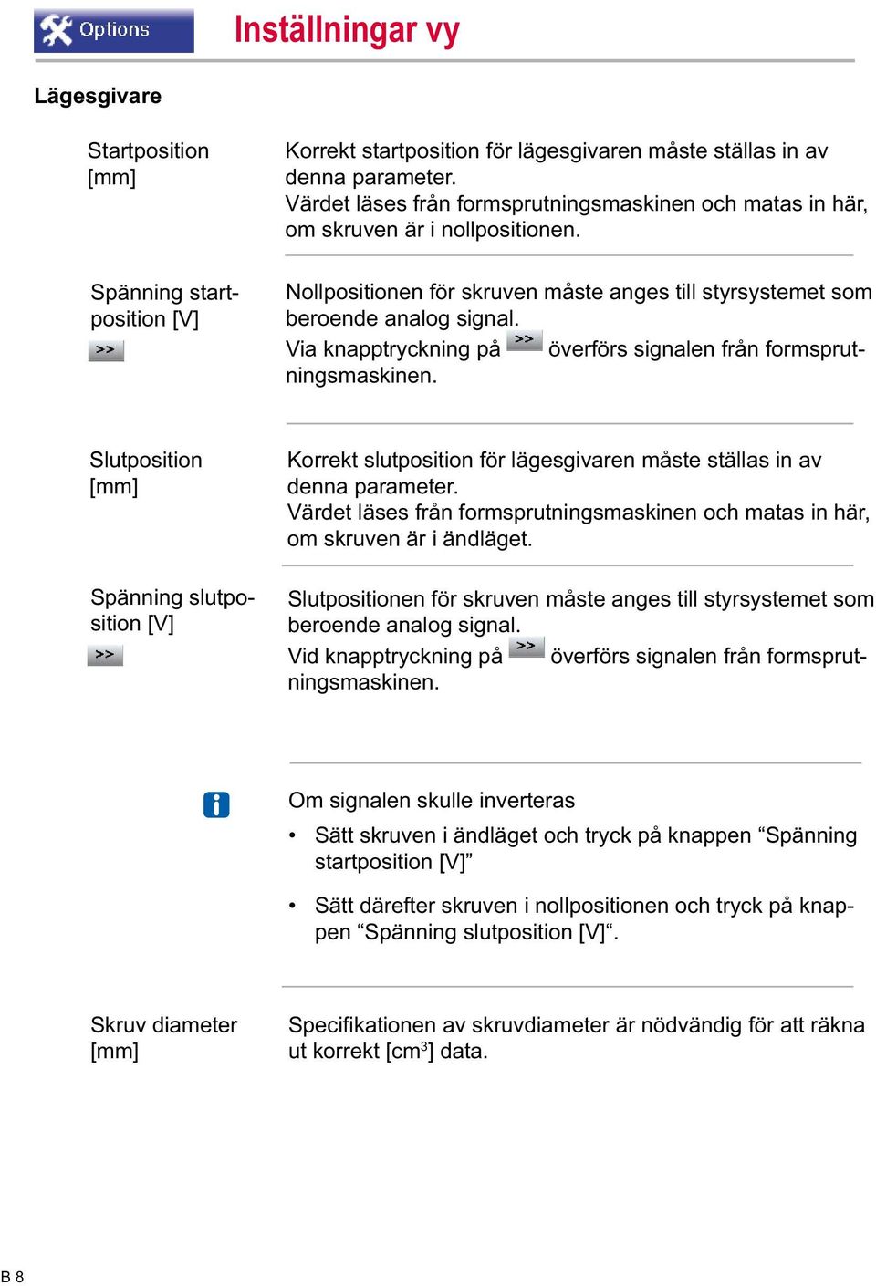 Via knapptryckning på överförs signalen från formsprutningsmaskinen. Slutposition [mm] Spänning slutposition [V] Korrekt slutposition för lägesgivaren måste ställas in av denna parameter.