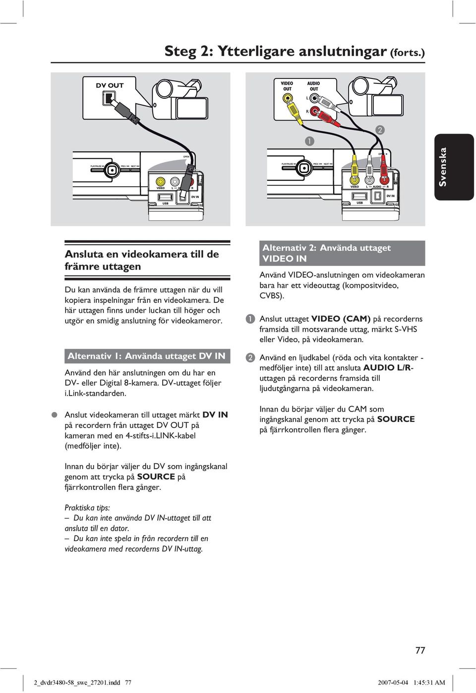 DV-uttaget följer i.link-standarden. Anslut videokameran till uttaget märkt DV IN på recordern från uttaget DV OUT på kameran med en 4-stifts-i.LINK-kabel (medföljer inte).