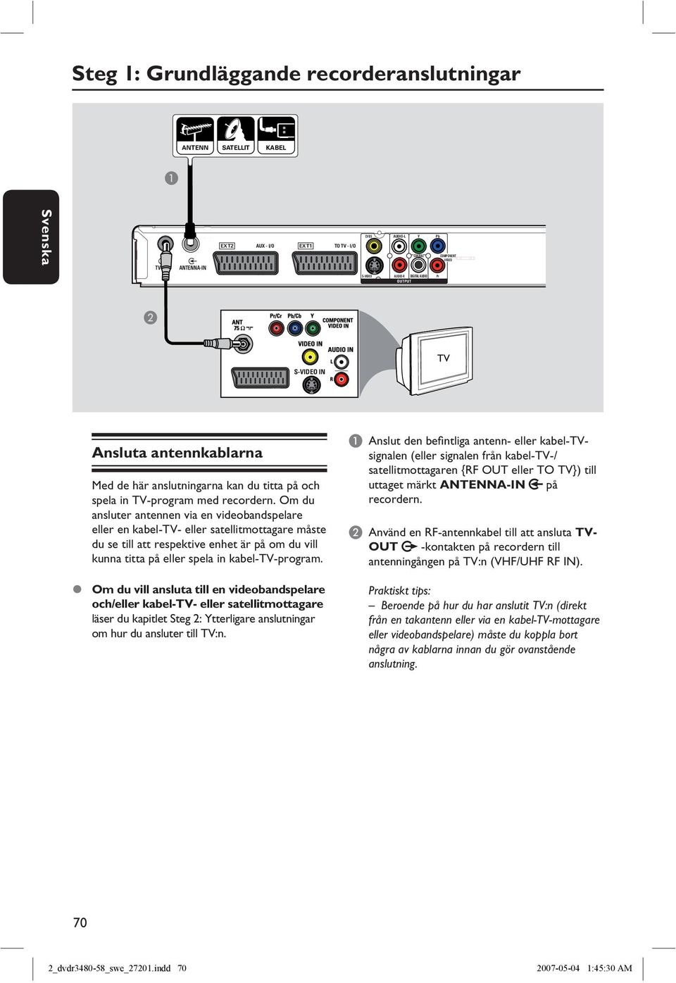 Om du ansluter antennen via en videobandspelare eller en kabel-tv- eller satellitmottagare måste du se till att respektive enhet är på om du vill kunna titta på eller spela in kabel-tv-program.