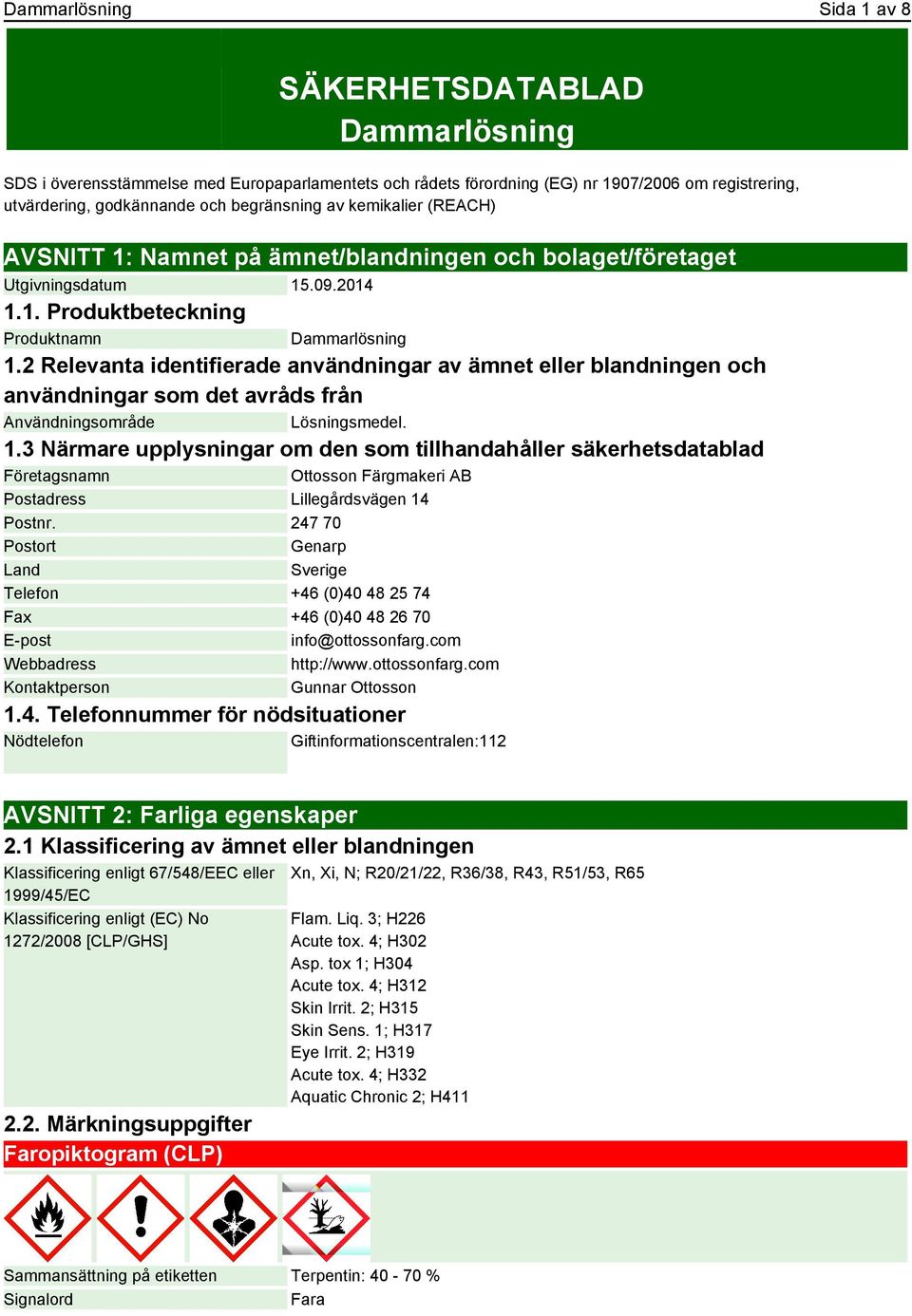 2 Relevanta identifierade användningar av ämnet eller blandningen och användningar som det avråds från Användningsområde Lösningsmedel. 1.