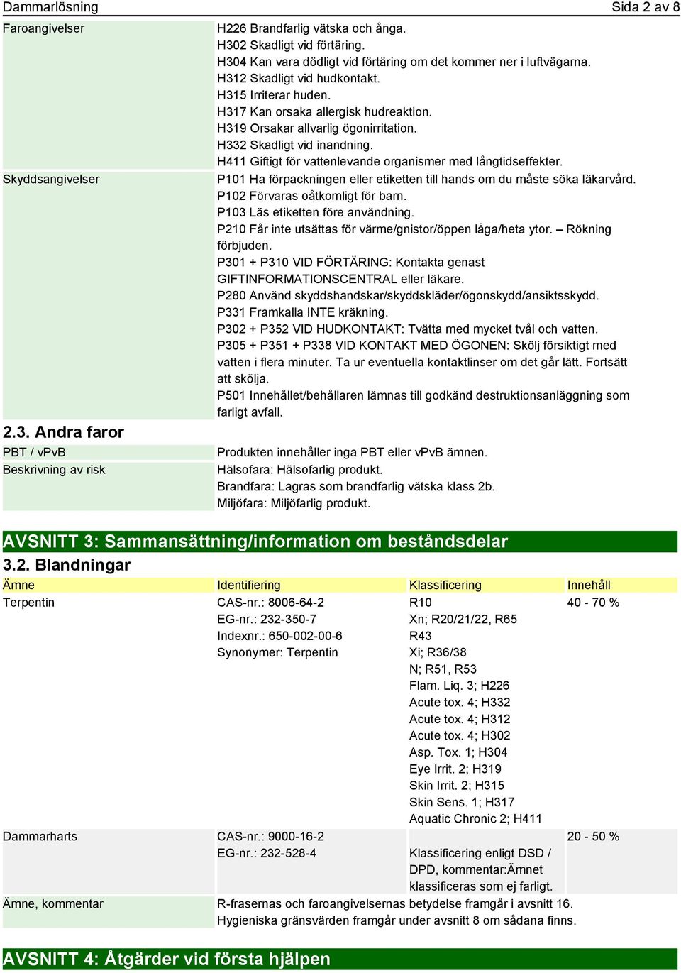 H332 Skadligt vid inandning. H411 Giftigt för vattenlevande organismer med långtidseffekter. P101 Ha förpackningen eller etiketten till hands om du måste söka läkarvård.