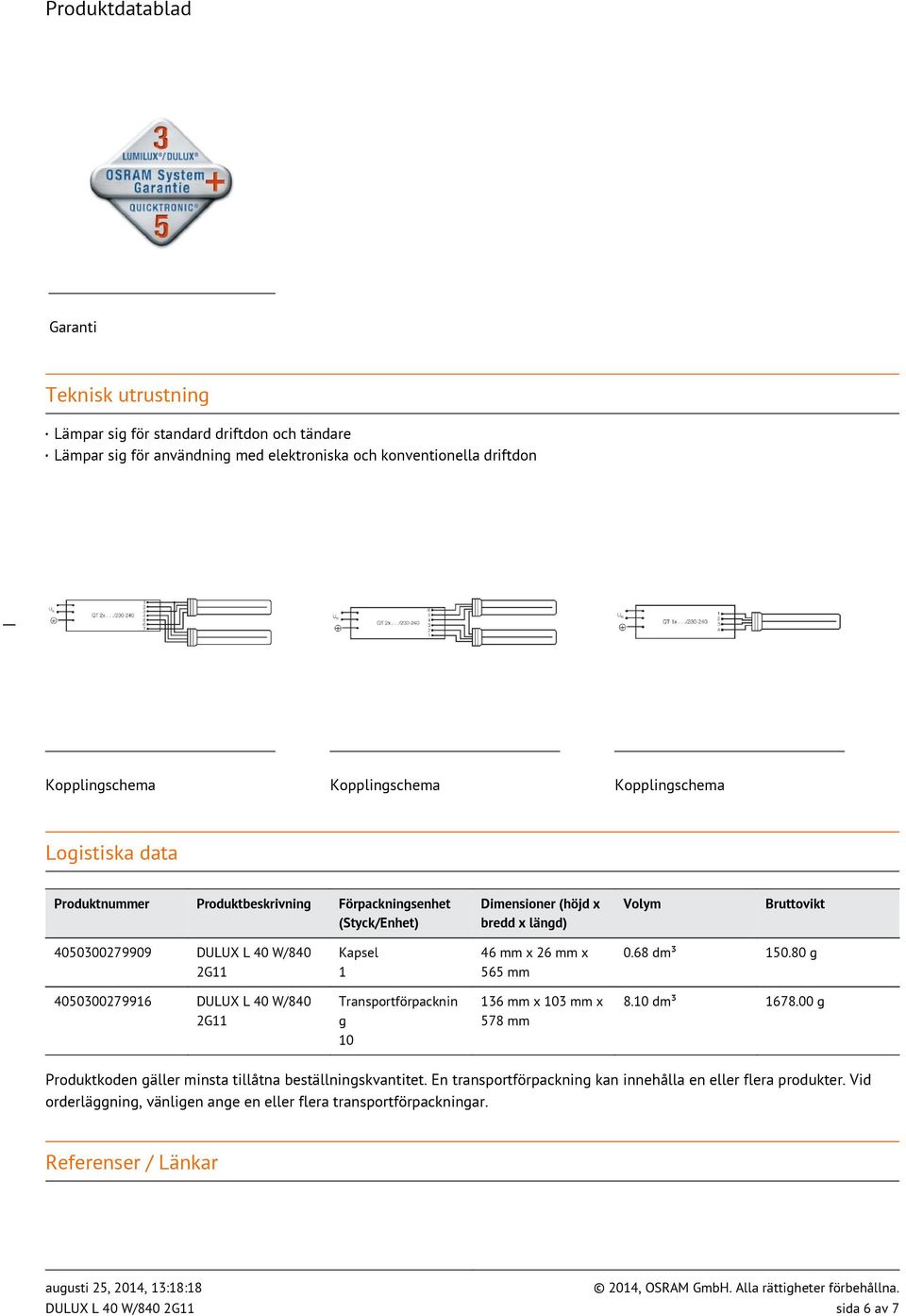 mm x 565 mm 0.68 dm³ 150.80 g 4050300279916 DULUX L 40 W/840 2G11 Transportförpacknin g 10 136 mm x 103 mm x 578 mm 8.10 dm³ 1678.