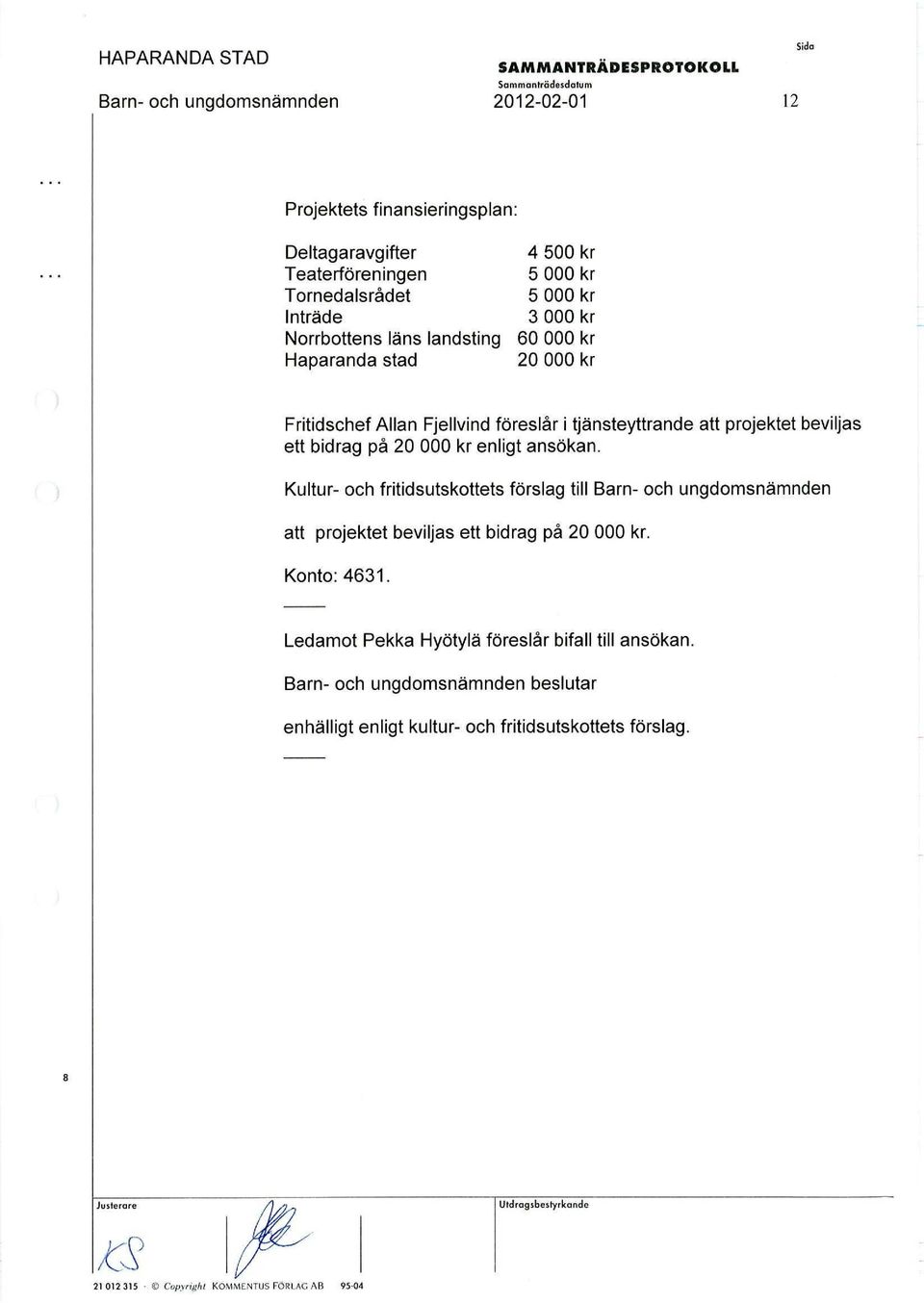 20 000 kr enligt ansökan. Kultur- och fritidsutskottets förslag till Barn- och ungdomsnämnden att projektet beviljas ett bidrag på 20 000 kr. Konto: 4631.