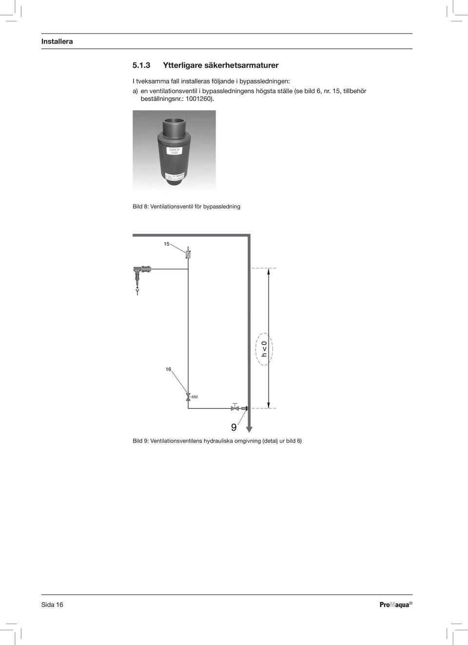 bypassledningen: a) en ventilationsventil i bypassledningens högsta ställe (se bild 6,