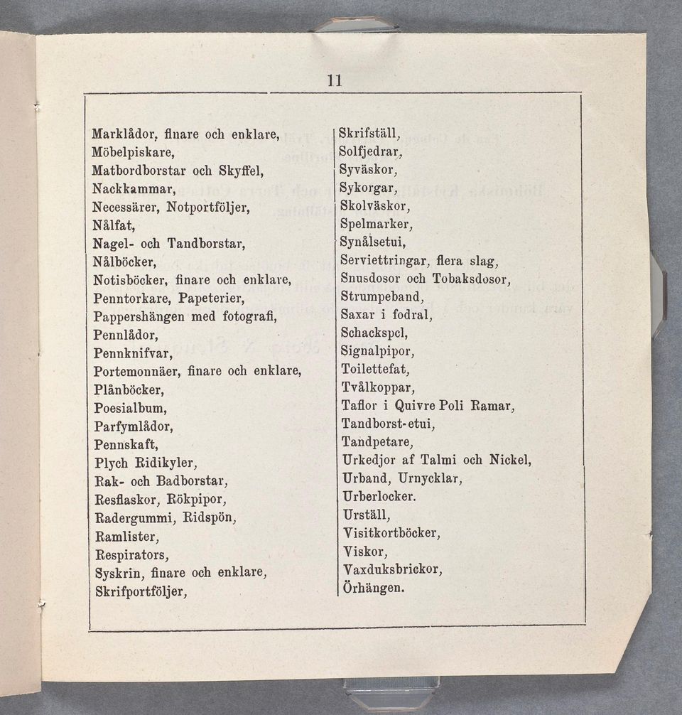 ñnare och enklare, Penntorkare, Papeterier, Pappershängen med fotografi, Pennlådor, Pennknifvar, Portemonnäer, finare och enklare, Plånböcker, Poesialbum, Parfymlådor, Pennskaft, Plych Ridikyler,