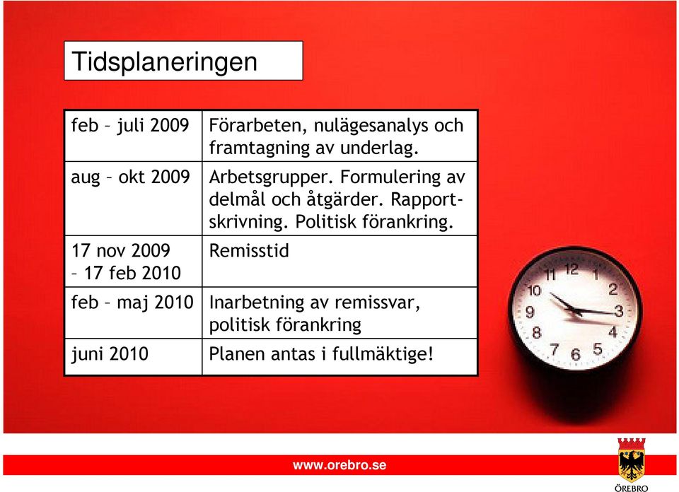 Formulering av delmål och åtgärder. Rapportskrivning. Politisk förankring.