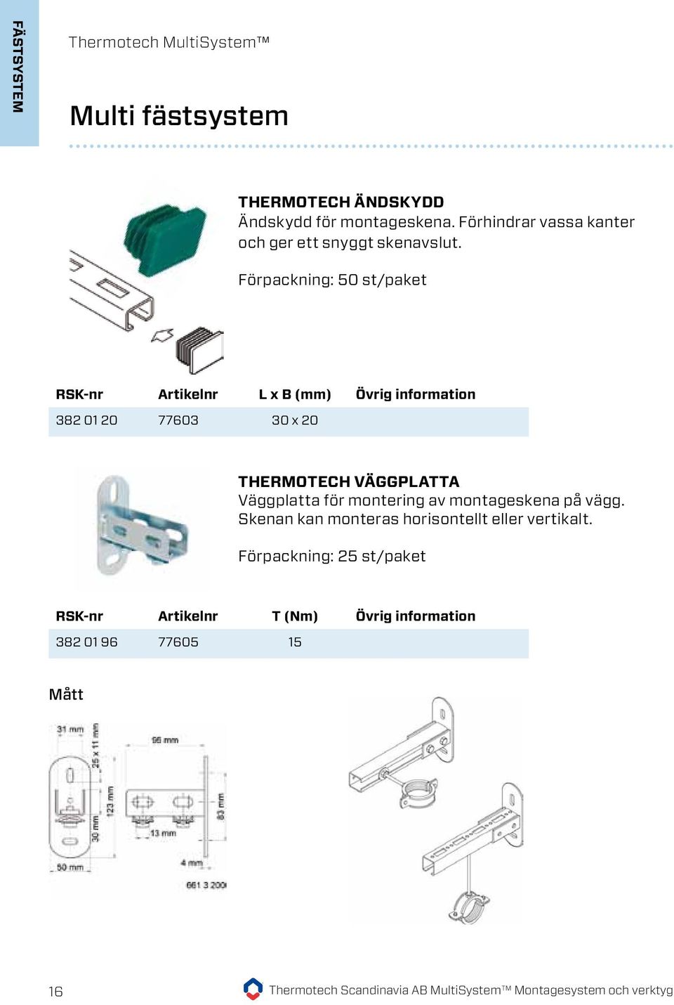 Förpackning: 50 st/paket RSK-nr Artikelnr L x B Övrig information Pris 382 01 20 77603 30 x 20 4,50 kr/st THERMOTECH väggplatta Väggplatta