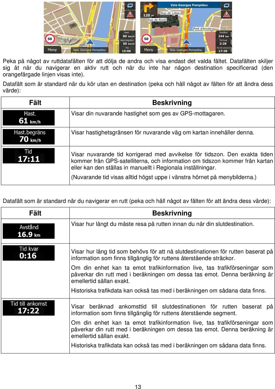 Datafält som är standard när du kör utan en destination (peka och håll något av fälten för att ändra dess värde): Fält Beskrivning Visar din nuvarande hastighet som ges av GPS-mottagaren.