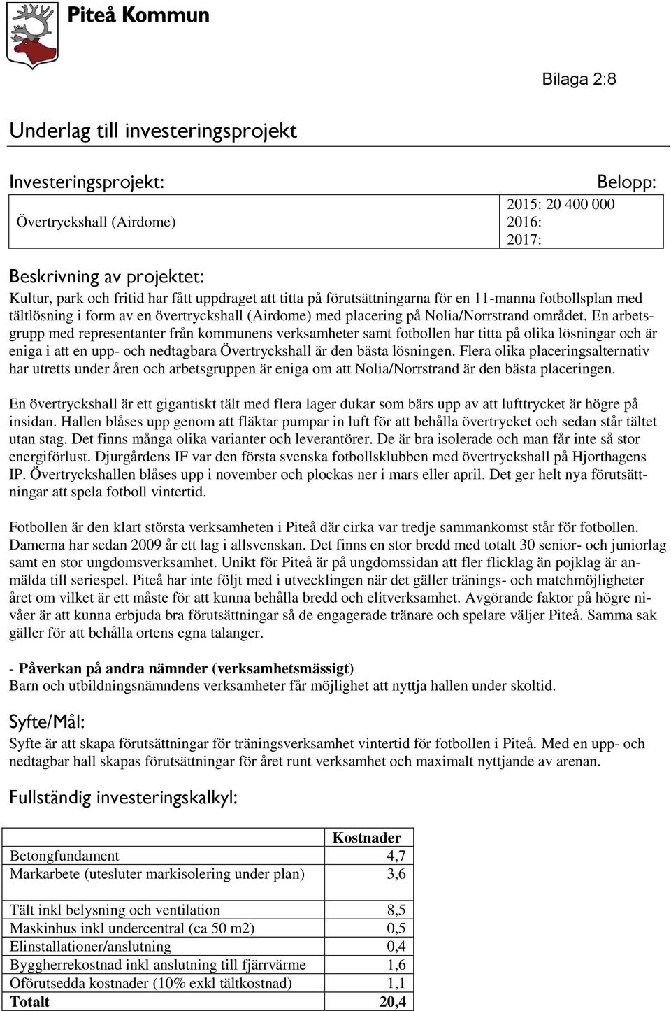 En arbetsgrupp med representanter från kommunens verksamheter samt fotbollen har titta på olika lösningar och är eniga i att en upp- och nedtagbara Övertryckshall är den bästa lösningen.