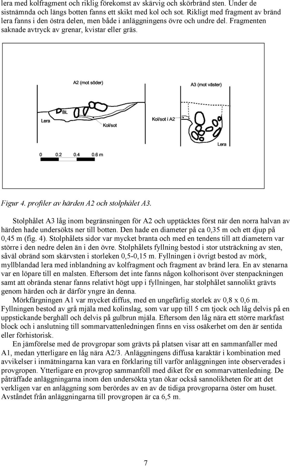 profiler av härden A2 och stolphålet A3. Stolphålet A3 låg inom begränsningen för A2 och upptäcktes först när den norra halvan av härden hade undersökts ner till botten.