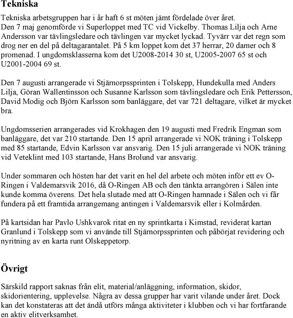 På 5 km loppet kom det 37 herrar, 20 damer och 8 promenad. I ungdomsklasserna kom det U2008-2014 30 st, U2005-2007 65 st och U2001-2004 69 st.