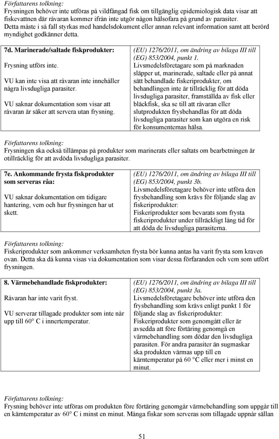 VU kan inte visa att råvaran inte innehåller några livsdugliga parasiter. VU saknar dokumentation som visar att råvaran är säker att servera utan frysning.