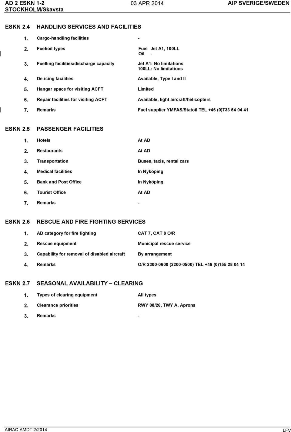 Repair facilities for visiting ACFT Available, light aircraft/helicopters 7. Remarks Fuel supplier YMFAS/Statoil TEL +46 (0)733 54 04 41 ESKN 2.5 PASSENGER FACILITIES 1. Hotels At AD 2.